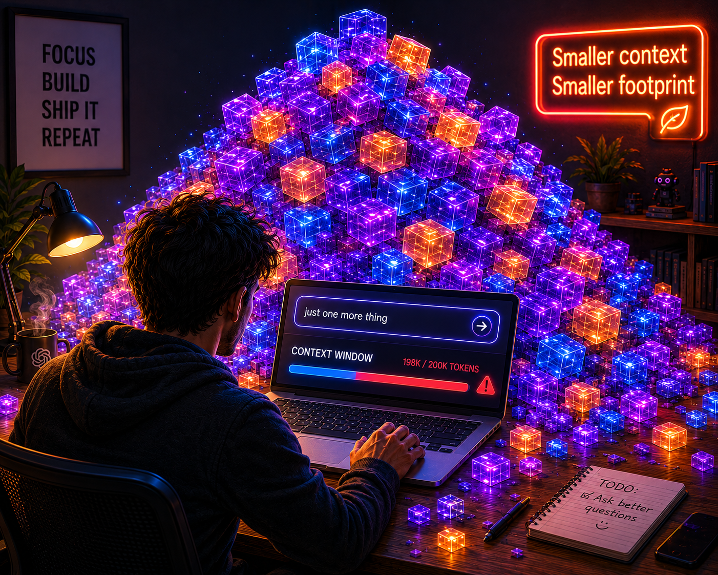 A person overwhelmed by a massive pile of AI context tokens